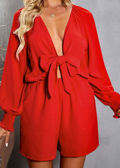 Beautiful Red V Neck Patchwork Solid Jumpsuit Fall