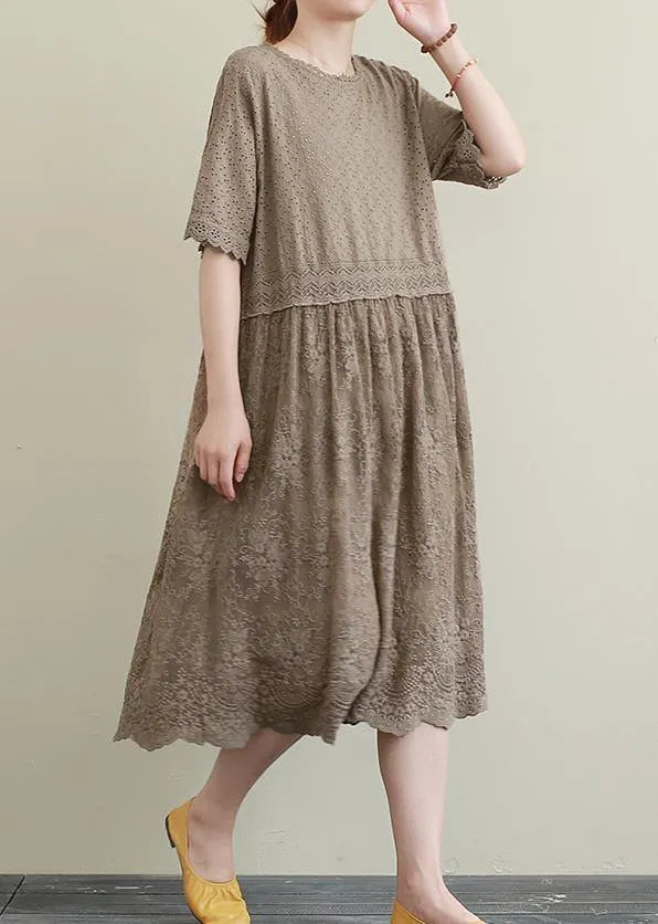 Elegant chocolate embroidery cotton Tunics patchwork hollow out Maxi Dress