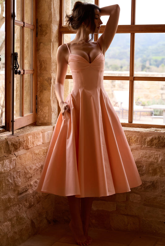 Pink/Yellow Spaghetti Strap Sweetheart Neck A-Line Midi Dress