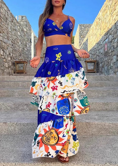 Sexy Blue Lingerie And Maxi Cake Skirts Two Pieces Set Summer