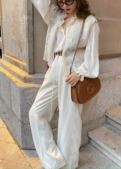 Art Beige Embroidered Ruffled Knit Two Piece Set Women Clothing Spring