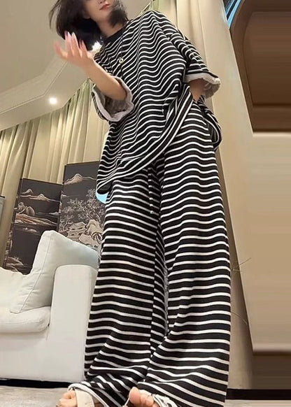 Plus Size Black Oversized Striped Cotton Two Pieces Set Fall