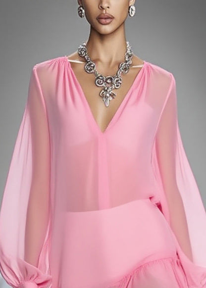 Elegant Pink V Neck Wrinkled Tulle Mid Dress Spring