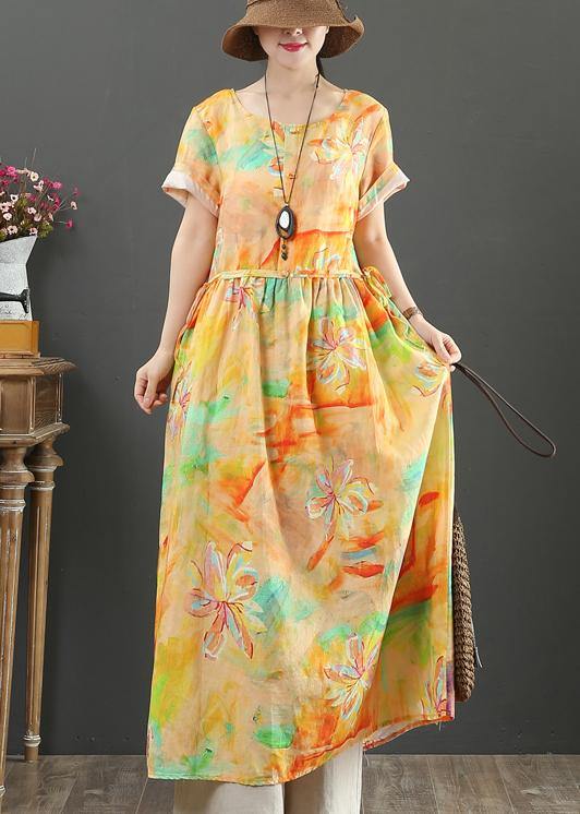 Beautiful o neck drawstring cotton linen summer clothes purple print Dress