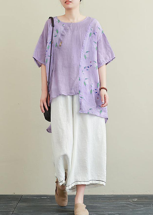 Literature and art ramie purple printed T-shirt female loose cotton blend nine points wide leg pants two-piece suit
