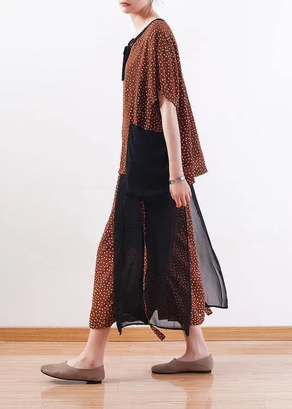 2019 khaki casual two pieces chiffon dotted tops and patchwork wide leg pants