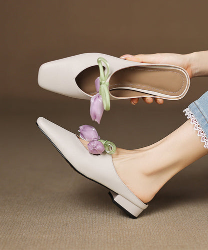 French Pink Cowhide Leather Splicing Floral Slide Sandals
