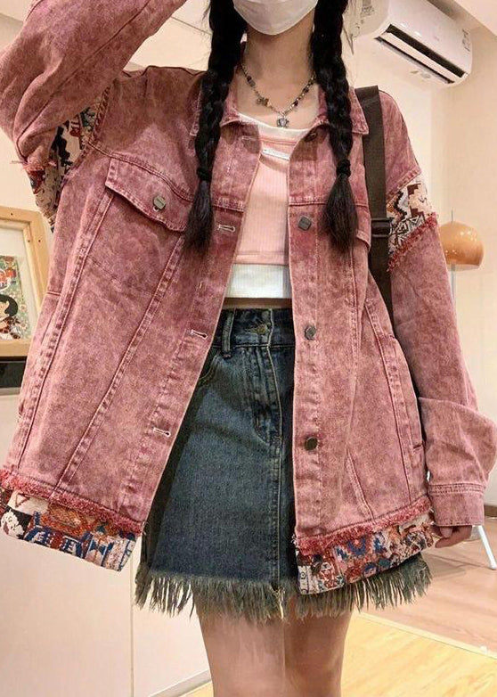 Vintage Pink Peter Pan Collar Button Patchwork Denim Coat Spring