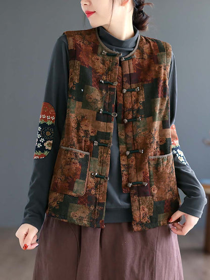 Women Artsy Ethni Floral Print Frog Waistcoat