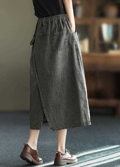 Fashion Black Side Open Embroideried Pockets Cotton Denim Ripped Skirt Cozy
