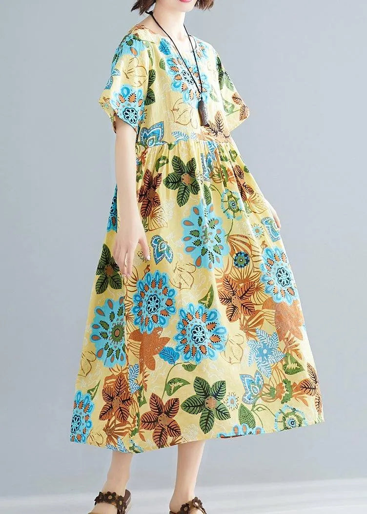 DIY yellow print cotton Tunics o neck patchwork Plus Size summer Dress