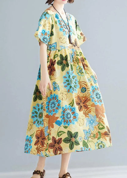 DIY yellow print cotton Tunics o neck patchwork Plus Size summer Dress