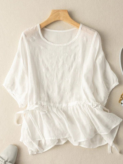 Embroidered Crew Neck Half Sleeve Casual Linen Top