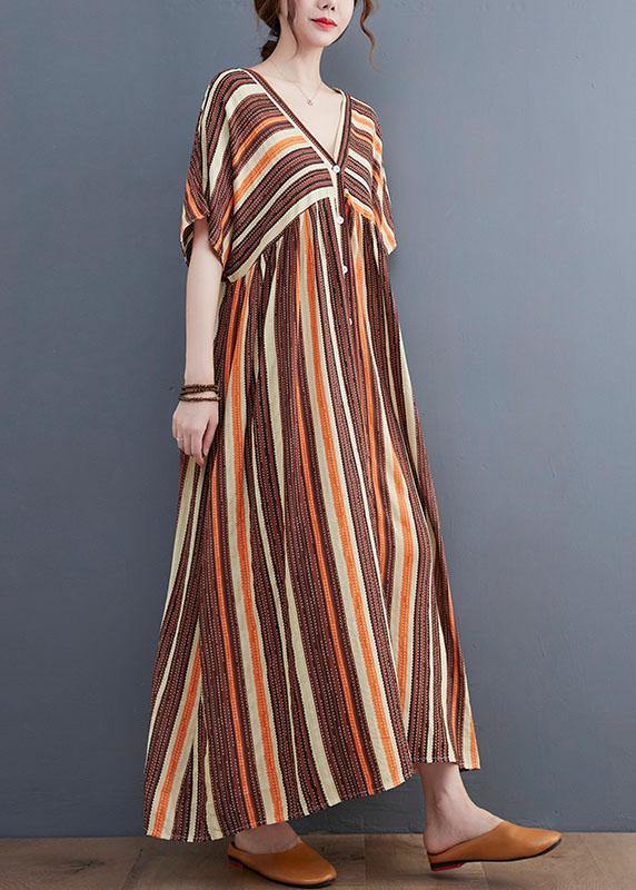 Fashion Orange Striped V Neck Patchwork Holiday Cotton Linen Dress