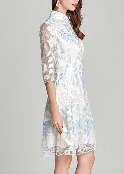 Women White Stand Collar Embroidered Silk Mid Dresses Summer