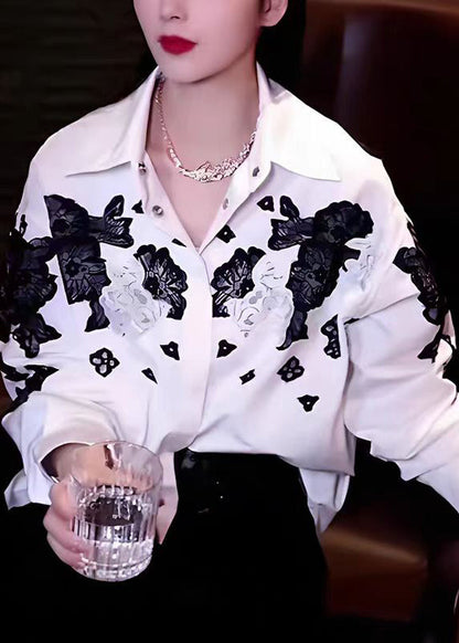 Women White Peter Pan Collar Hollow Out Floral Cotton Tops Fall