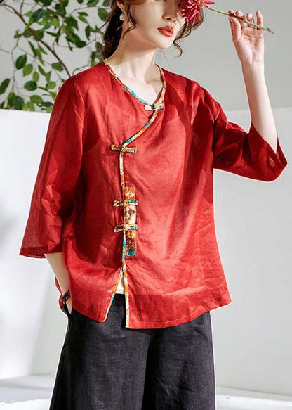 Red Oriental O-Neck Summer Ramie Shirts