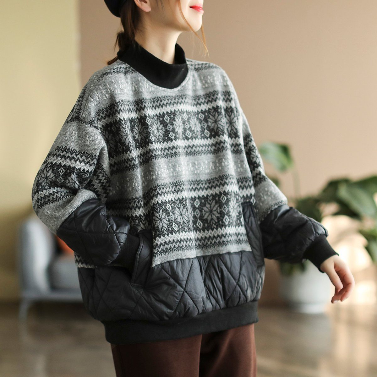 Winter Floral Retro Ethnic Loose Cotton Padded Sweater
