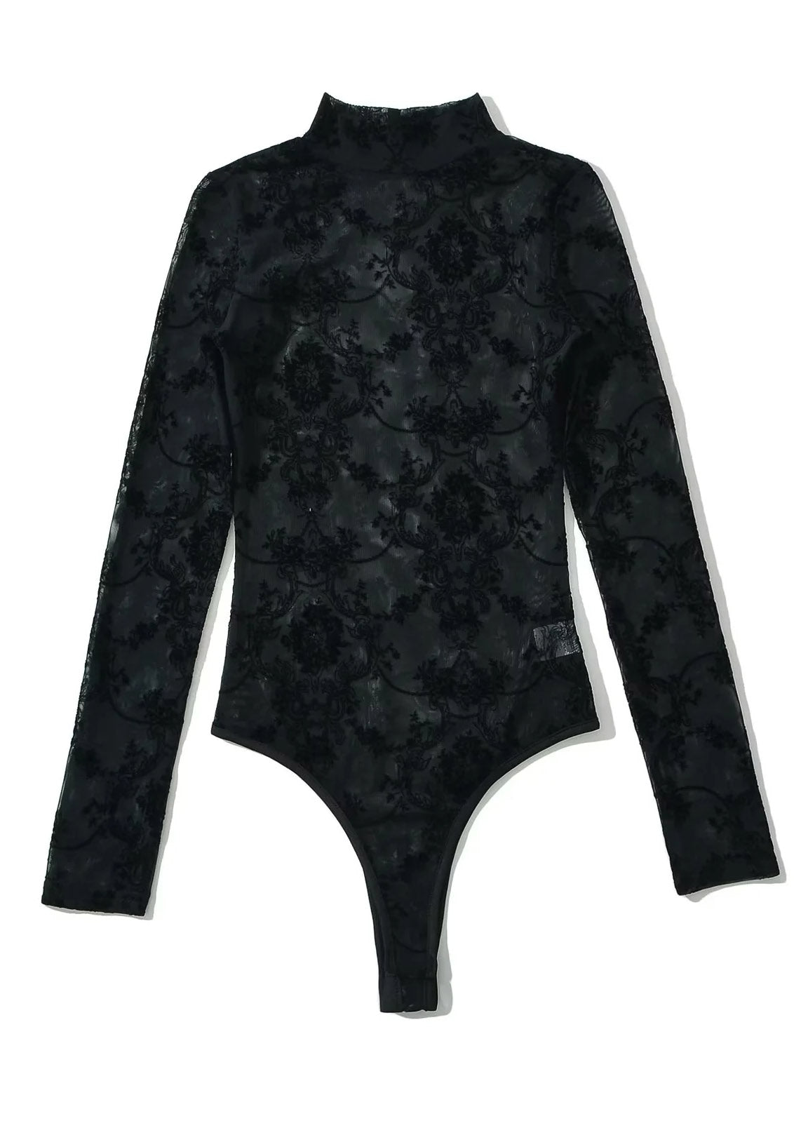 Boho Black Sheer Floral Solid Tulle Bodysuit