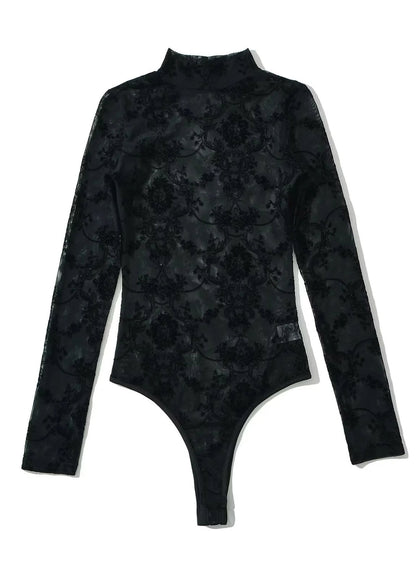 Boho Black Sheer Floral Solid Tulle Bodysuit