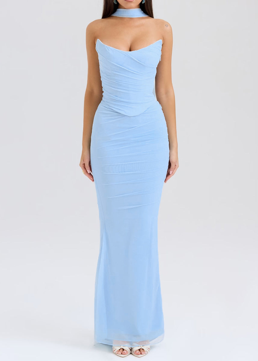 Bohemian Sky Blue Cold Shoulder Tulle Strapless Wraped Dress Summer