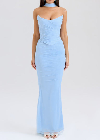 Bohemian Sky Blue Cold Shoulder Tulle Strapless Wraped Dress Summer