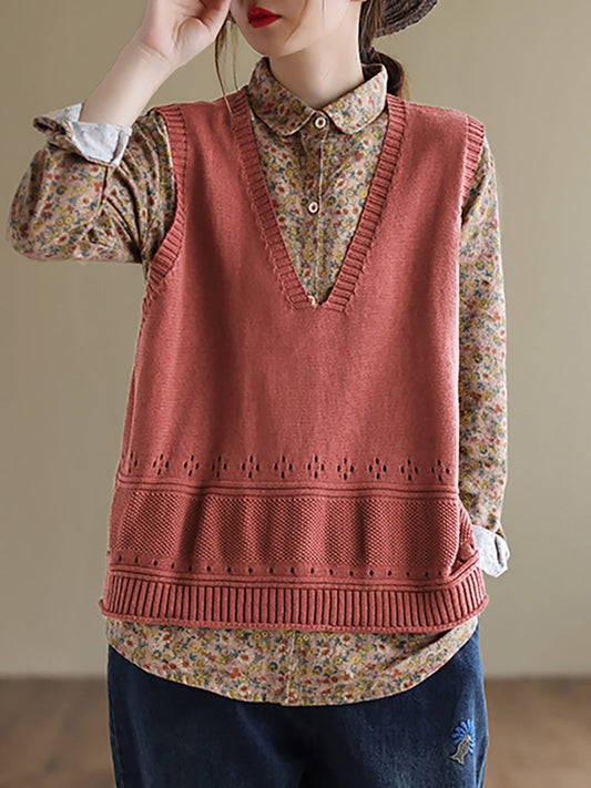 Women Knitted Hollow Out Solid Color Sweater Vest Top