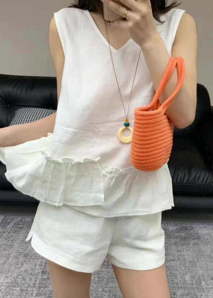 New White Ruffled Pockets Solid Linen Two Pieces Set Summer