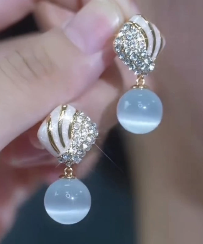 Elegant Light Blue Alloy Zircon Cat's Eye Stone Drop Glaze Drop Earrings