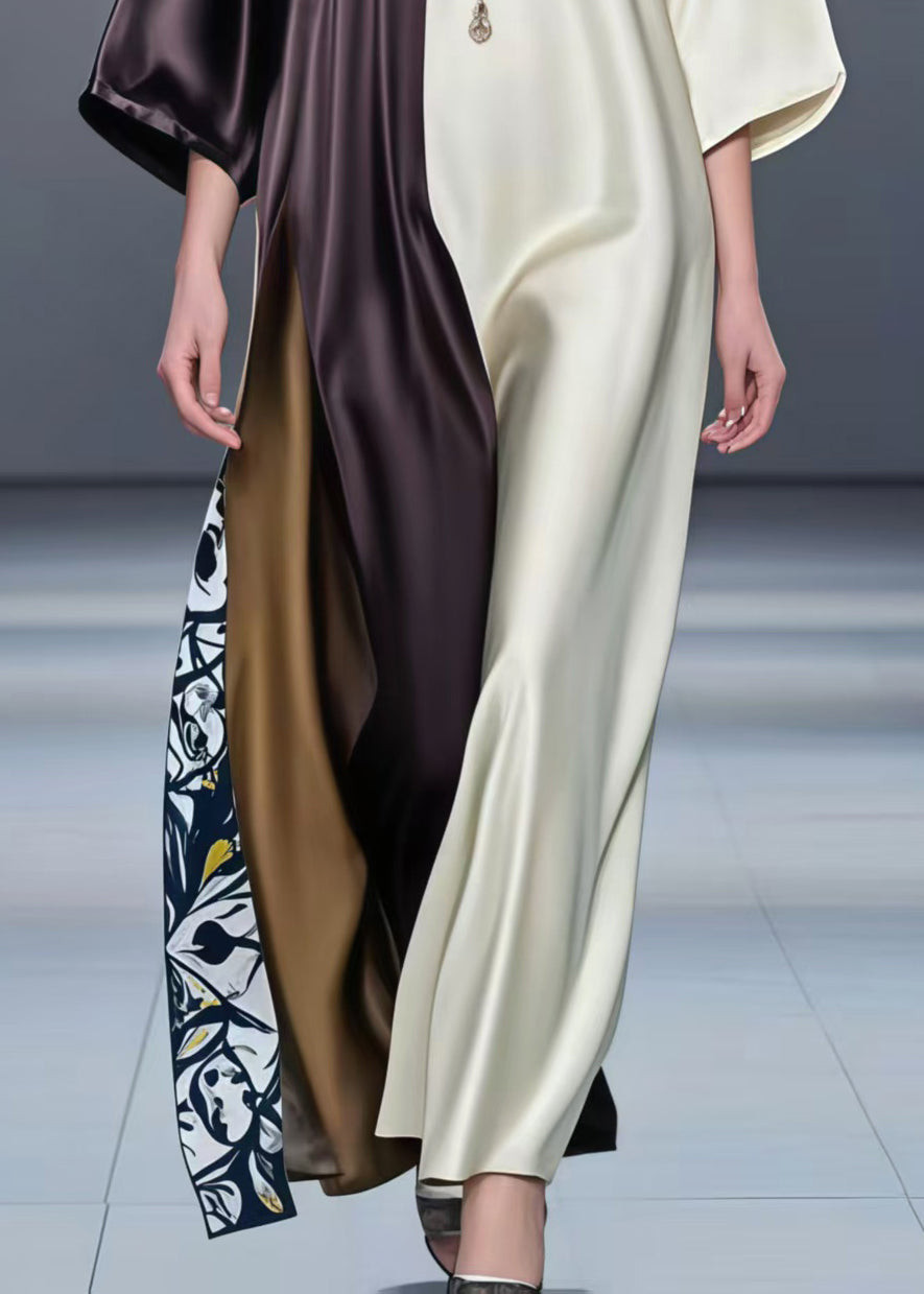 Fitted Colorblock Oversized Patchwork Silk Dresses Half Sleeve