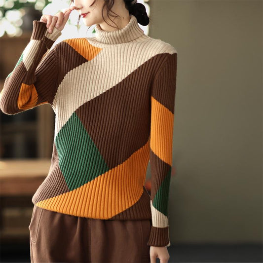 Winter Vintage Color Matching Slim Turtleneck Knitted Sweater