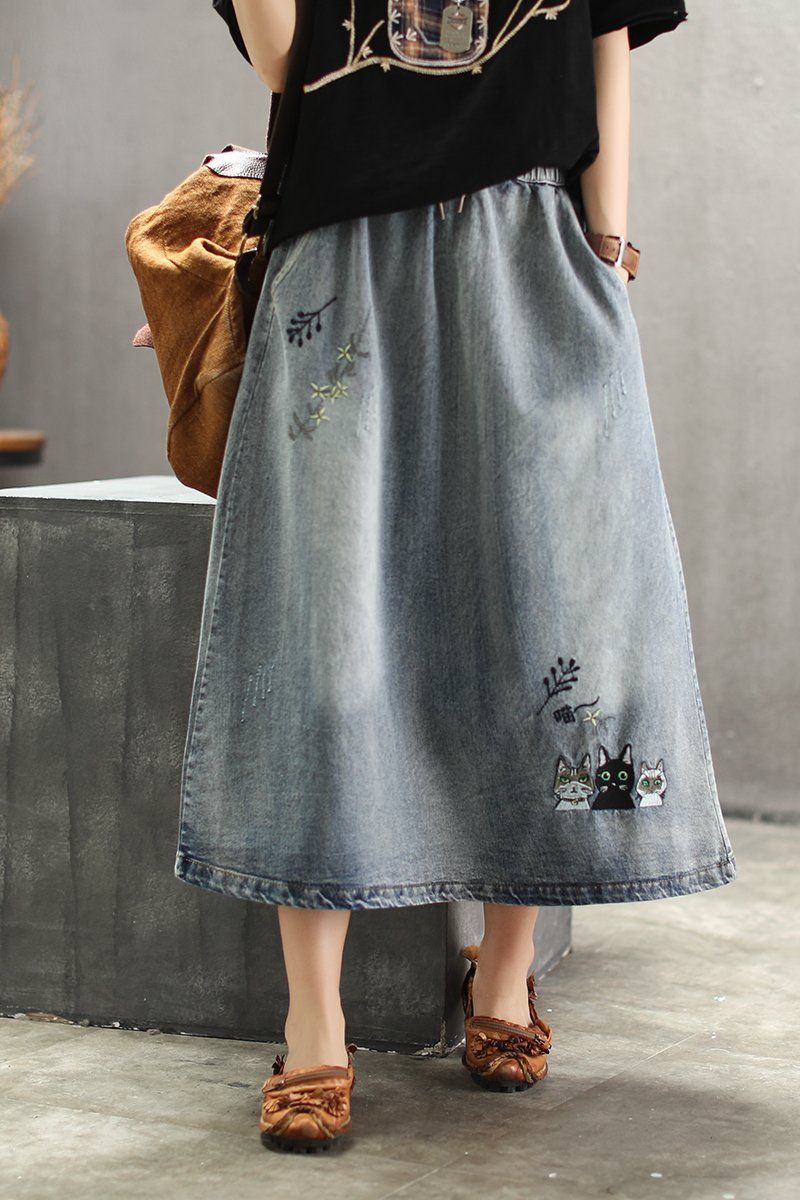 Embroidered Denim Retro Art Ladies Long Skirt