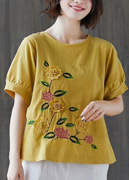 Plus Size Yellow Half Sleeve Cotton Linen Summer Top