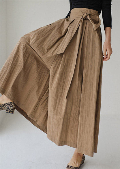 Vogue Khaki Pockets Tie Waist Corduroy Wide Leg Pants