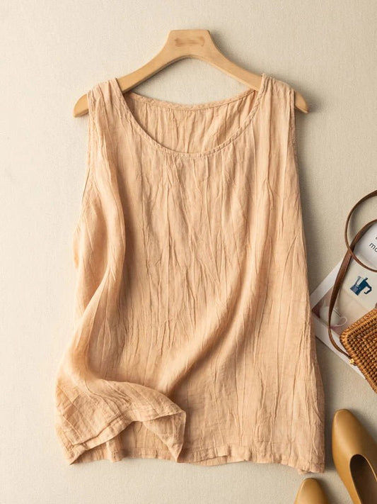 Linen Round Neck Sleeveless Vest Top