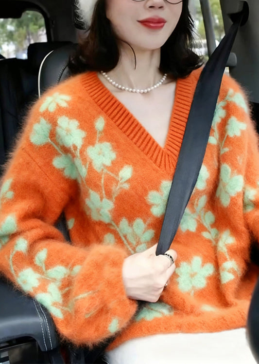 Women Orange V Neck Jacquard Knitted Short Sweater Winter