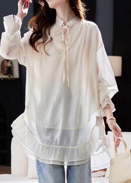 Elegant Apricot Patchwork Tie Lace Apricot Chiffon Shirt Flare Sleeve