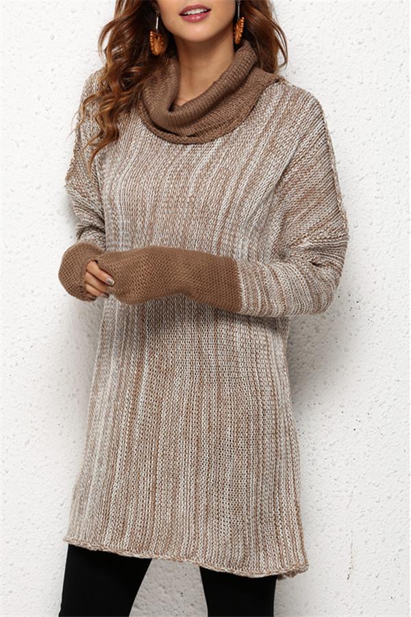 Spliced Turtleneck Loose Pullover Sweater - Black