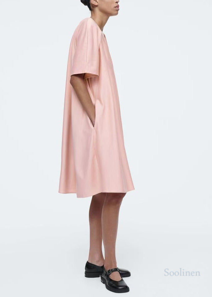 DIY Pink O-Neck Oversized Cotton Tea Dress Summer