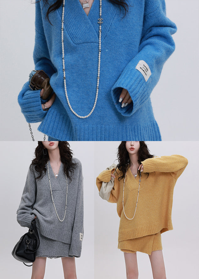 Yellow Cozy Knit Two Piece Set Women Clothing Asymmetrical Design Winter