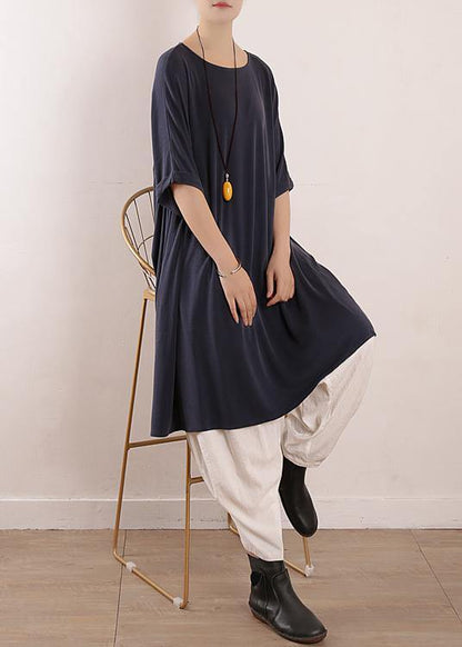 Elegant o neck large hem silk Tunics Boho design blue Art Dress Summer