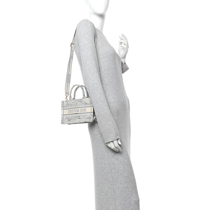 Canvas Embroidered Toile De Jouy Reverse Mini Book Tote With Strap Grey