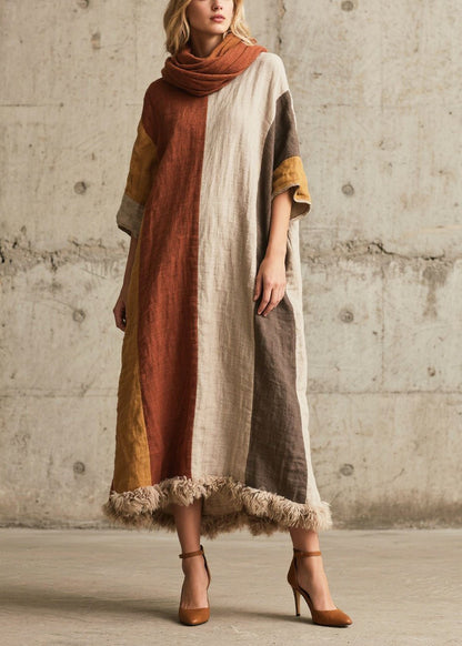Simple Colorblock Oversized Patchwork Faux Fur Maxi Dresses Summer