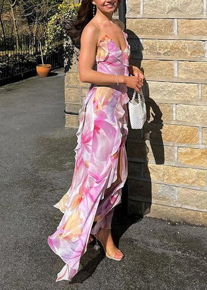 Women Purple Ruffled Print Cotton Spaghetti Strap Dress Summer