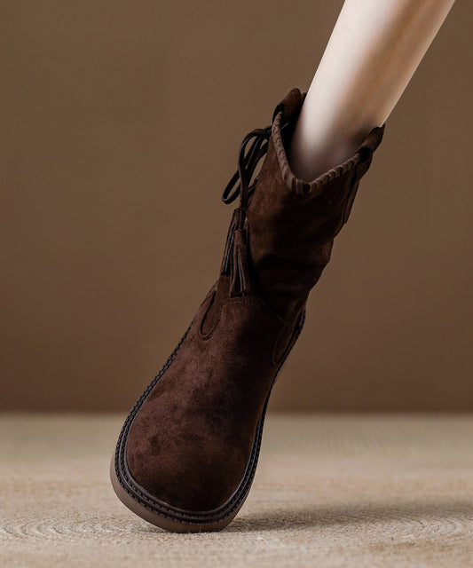 Women Khaki Suede Tassel Splicing Wrinkled Boots