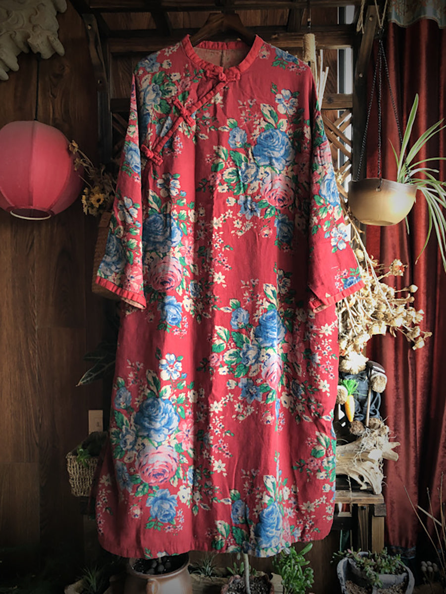 Women Cotton Vintage Print Casual Loose Dress