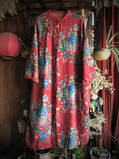 Women Cotton Vintage Print Casual Loose Dress