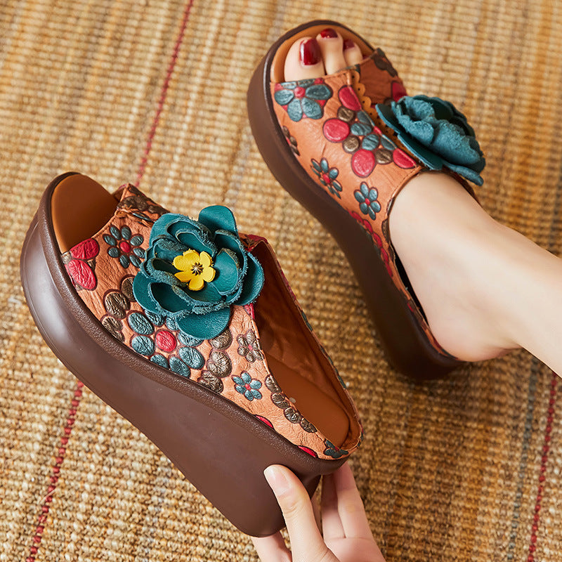 Women 2022 Leather Vintage Wedge Slippers