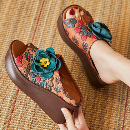 Women 2022 Leather Vintage Wedge Slippers