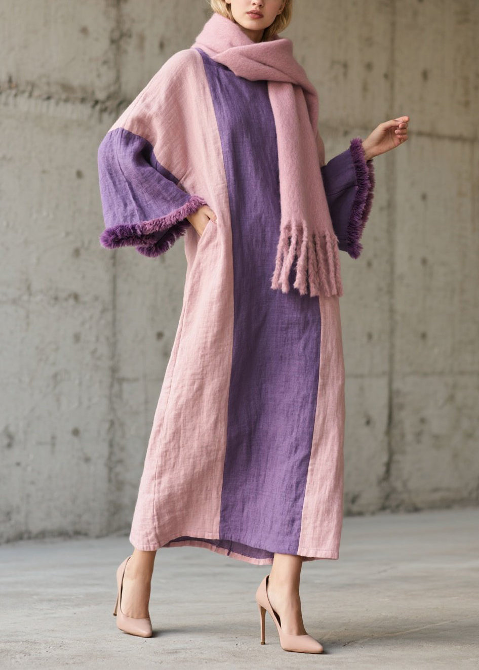 Plus Size Colorblock Fuzzy Fur Patchwork Cotton Dress Fall